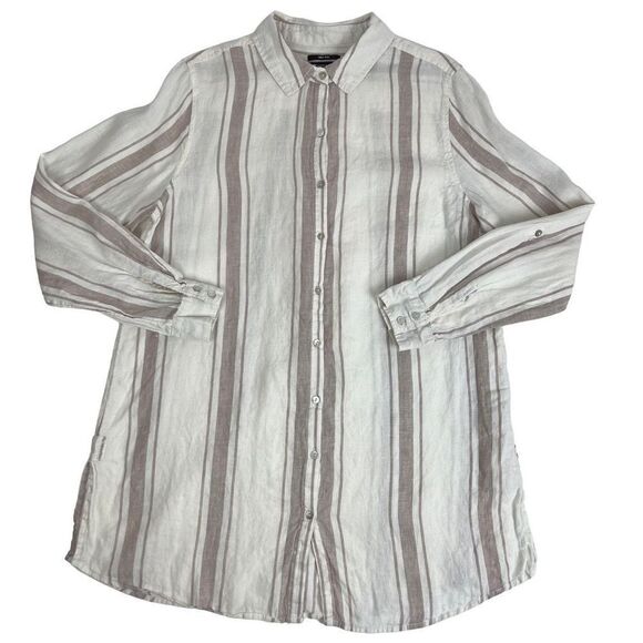 Jones New York 100% Linen White Striped Long Sleeve Tunic Button Down Up Women’s - Picture 2 of 16